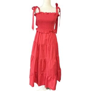 Tuckernuck Dress Womens Medium Red Smocked Tie Shoulder Tiered Maxi Cotton